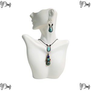 Tibetan Turquoise Coral Lapis Choker Necklace & Earrings Brown Knotted Leather